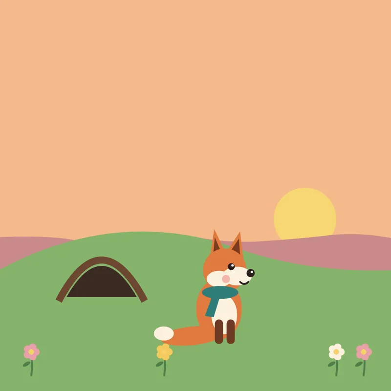 A fox sitting outside his den on a grassy hill at sunset
