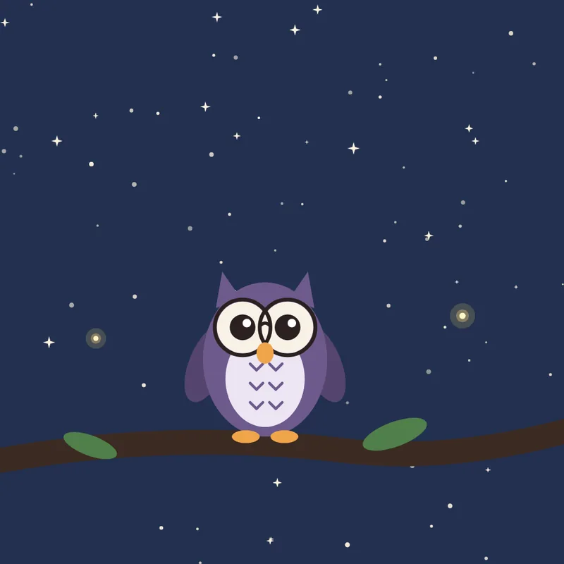 Juniper the owl sitting on a branch at night, looking surprised