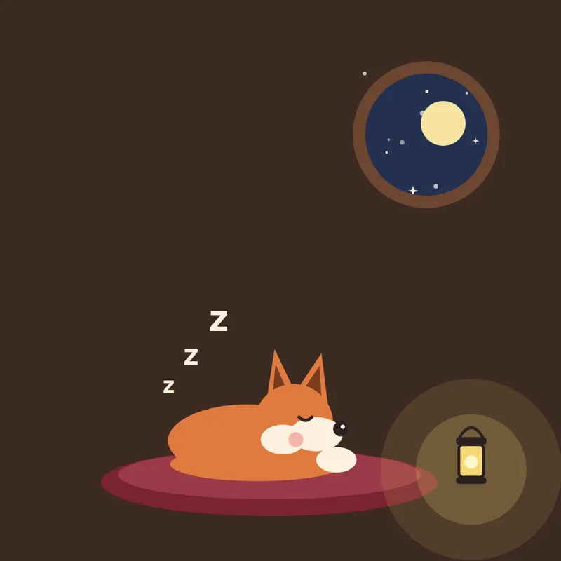 Pip asleep on a cushion in his den, his lantern glowing beside him