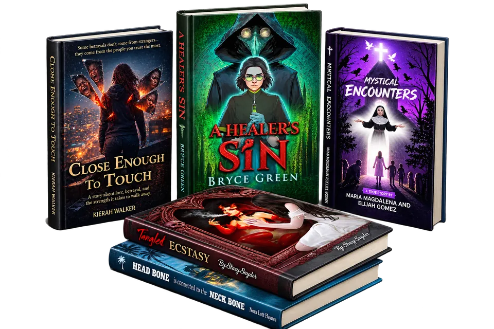 Stack of custom-designed book covers including A Healer's Sin and Mystical Encounters