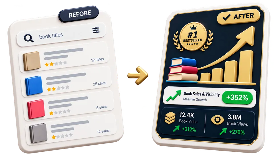 Illustration of a book listing before and after marketing, showing improved visibility