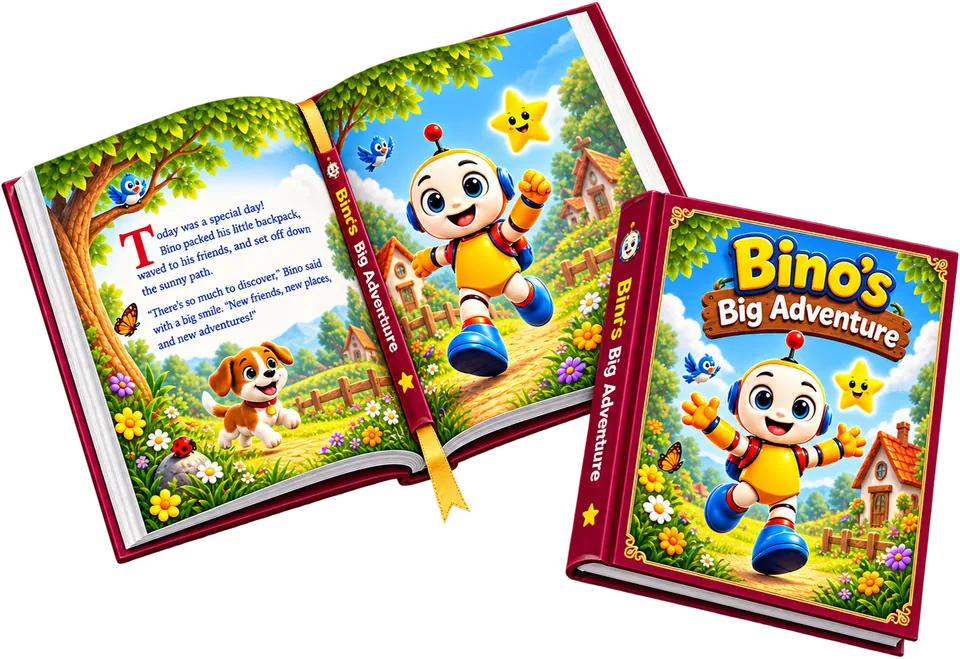 Open illustrated children's book, Bino's Big Adventure, with a cheerful cartoon character
