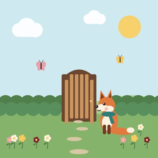 Single-page illustration: a fox in a green scarf sitting beside a wooden garden gate, with flowers, butterflies and a sunny sky