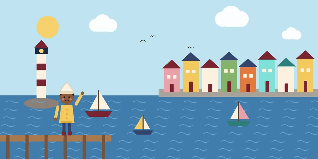 Two-page spread: a girl in a yellow raincoat and paper hat waving from a wooden dock, with sailboats, a lighthouse and colourful harbour houses