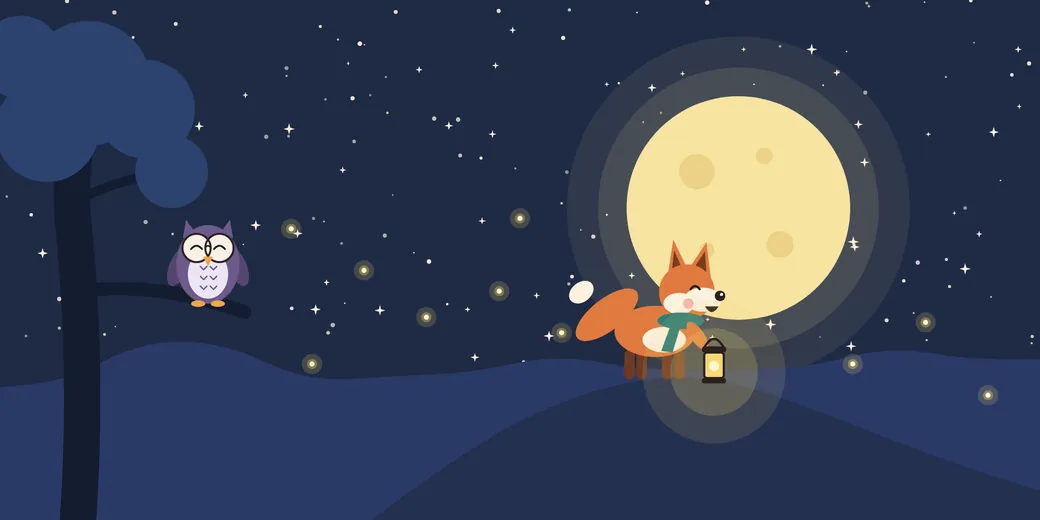 Two-page spread: a small fox holding a glowing lantern on a hilltop beneath a huge full moon, an owl watching from a tree, fireflies in the dark sky