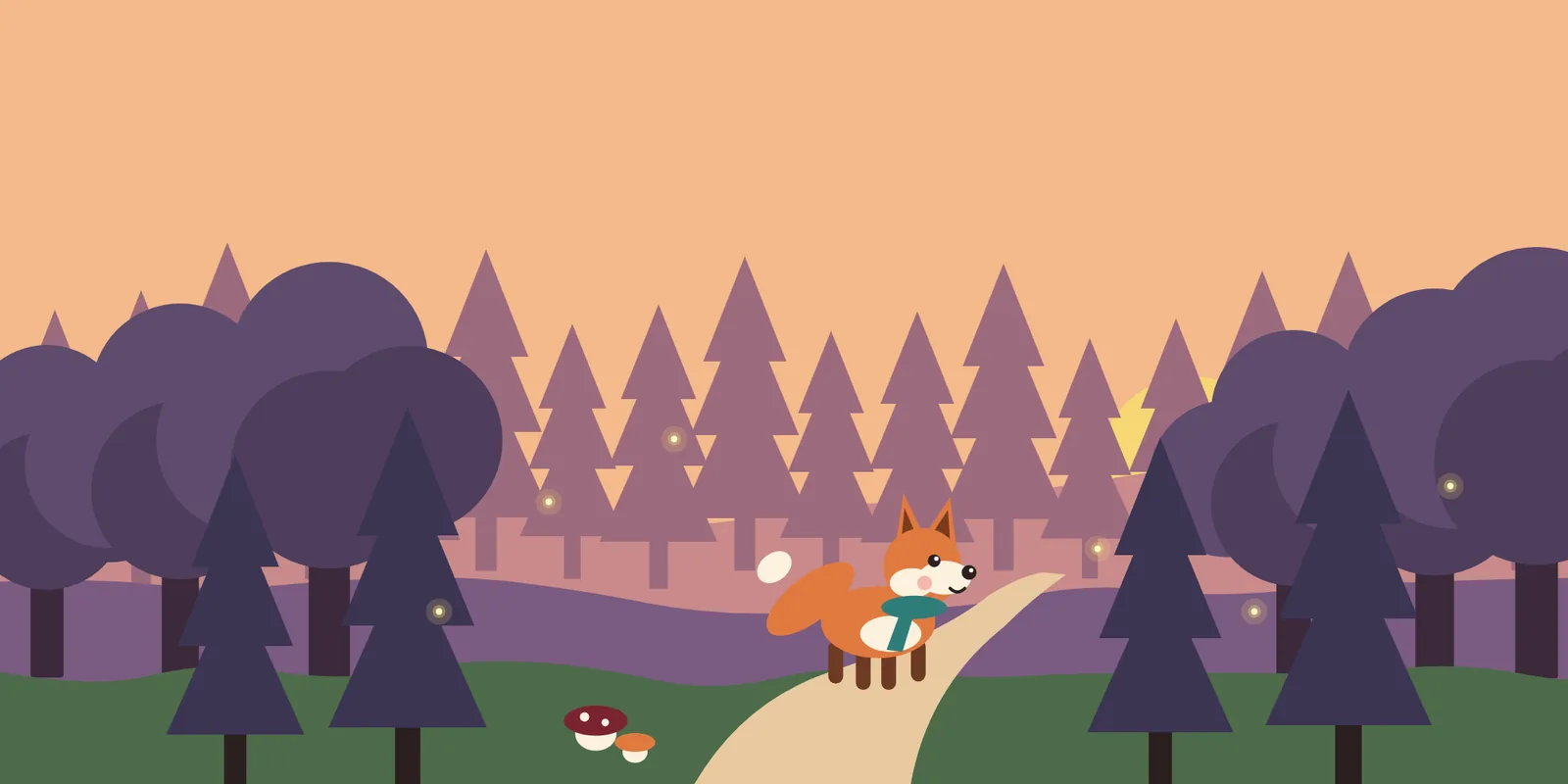 Pip walking along a path into the woods at dusk